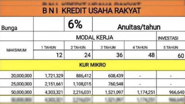 Tabel Simulasi Pinjaman Kredit Usaha Rakyat BNI
