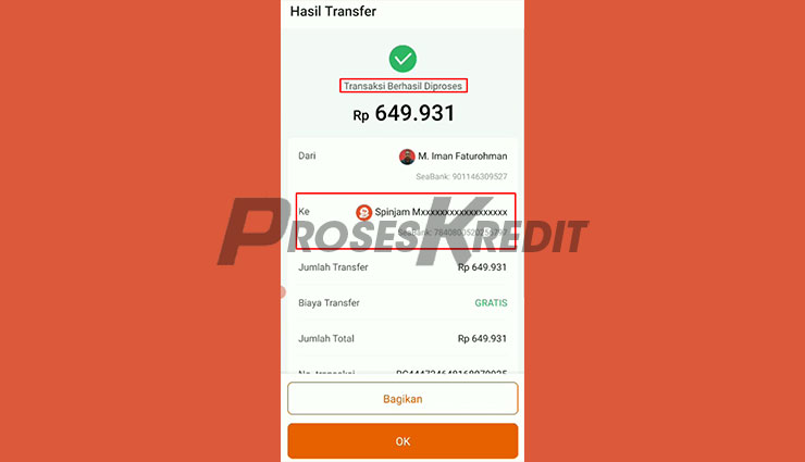 Pembayaran SPinjam via SeaBank Berhasil
