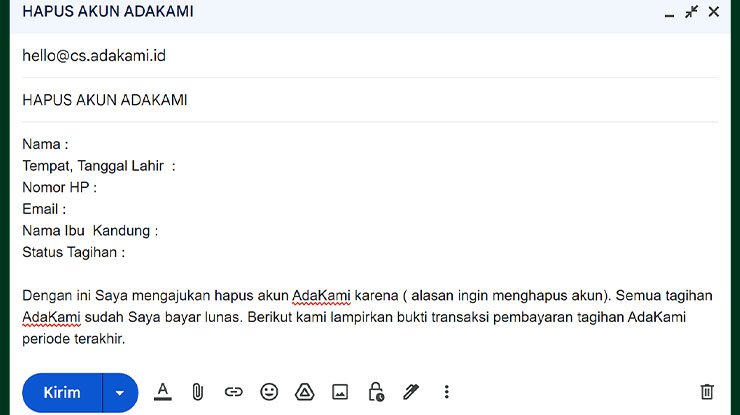 Cara Hapus Akun AdaKami Lewat Email